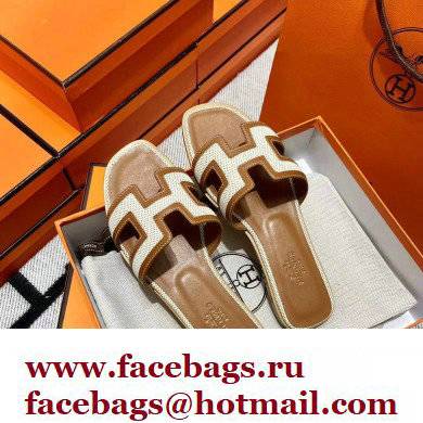 Hermes Calfskin and Canvas Oran Sandals Brown/White