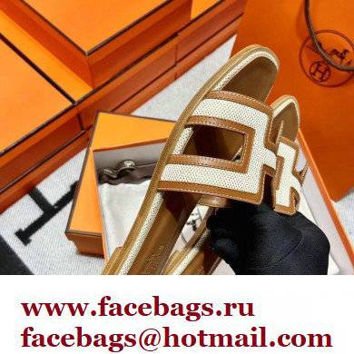 Hermes Calfskin and Canvas Oran Sandals Brown/White