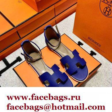 Hermes Epsom Calfskin Santorini Sandals Handmade Blue