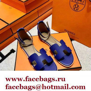 Hermes Epsom Calfskin Santorini Sandals Handmade Blue