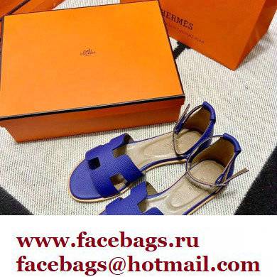 Hermes Epsom Calfskin Santorini Sandals Handmade Blue