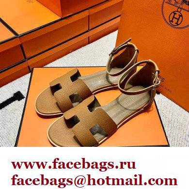 Hermes Epsom Calfskin Santorini Sandals Handmade Brown