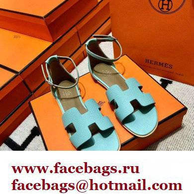 Hermes Epsom Calfskin Santorini Sandals Handmade Light Blue