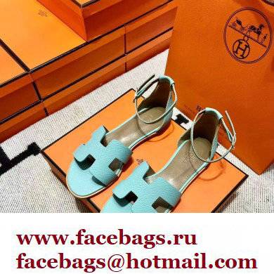 Hermes Epsom Calfskin Santorini Sandals Handmade Light Blue