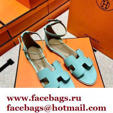 Hermes Epsom Calfskin Santorini Sandals Handmade Light Blue