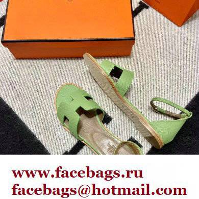 Hermes Epsom Calfskin Santorini Sandals Handmade Light Green