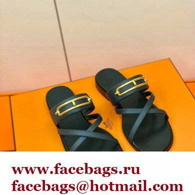 Hermes Roulis Buckle Claire Sandals Dark Blue