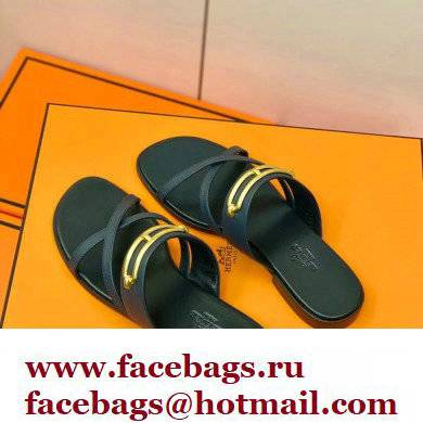 Hermes Roulis Buckle Claire Sandals Dark Blue