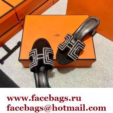 Hermes suede goatskin with rhinestone Oasis Sandals Black