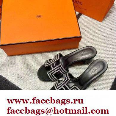 Hermes suede goatskin with rhinestone Oasis Sandals Black