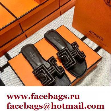 Hermes suede goatskin with rhinestone Oran Sandals Black