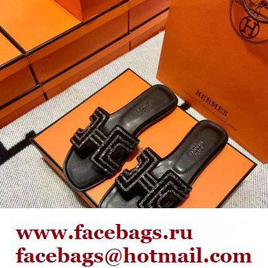 Hermes suede goatskin with rhinestone Oran Sandals Black