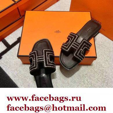 Hermes suede goatskin with rhinestone Oran Sandals Black