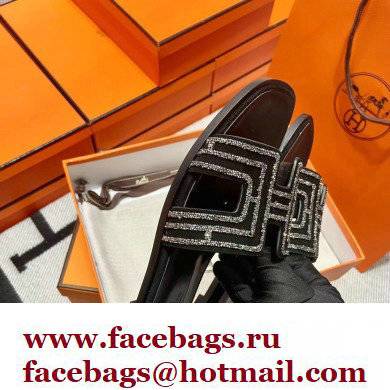 Hermes suede goatskin with rhinestone Oran Sandals Black