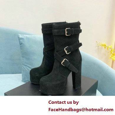 Saint Laurent Heel 14.5cm Platform 5.5cm Cherry Buckle-Trio Booties Suede Black 2022