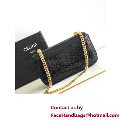 Celine CHAIN SHOULDER BAG triomphe in SEQUINS AND CALFSKIN 197993 Black