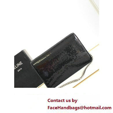 Celine WALLET ON CHAIN triomphe Bag in SEQUINS AND CALFSKIN 10J733 Black