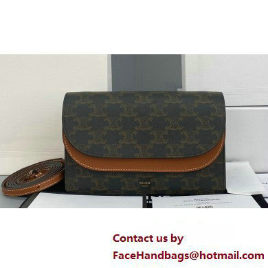 Celine Wallet on strap in Triomphe Canvas and Smooth Lambskin Tan