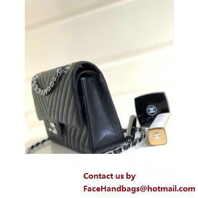 Chanel BLACK Chevron Medium Flap Bag in caviar leather With Silver Hardware