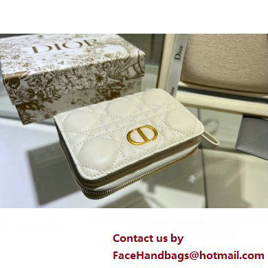 Dior Caro Compact Zipped Wallet in Supple Cannage Calfskin white