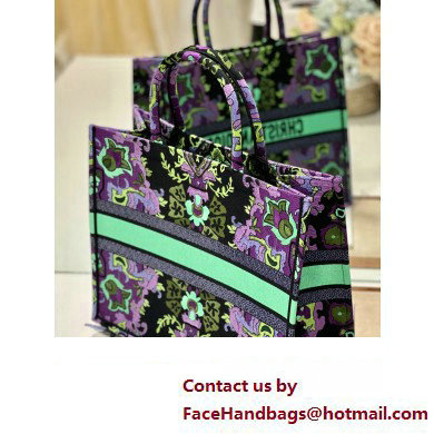 Dior Large Book Tote Bag in Multicolor Dior Indian Purple Embroidery 2023