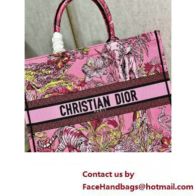 Dior Large Book Tote Bag in Multicolor Toile de Jouy Voyage Embroidery Fuchsia