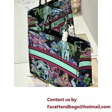 Dior Large Book Tote Bag in Multicolor Toile de Jouy Voyage Embroidery Green