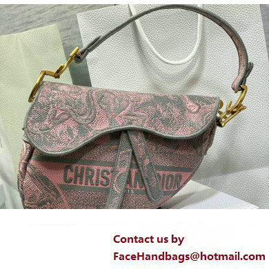 Dior Saddle Bag in Gray and Pink Toile de Jouy Reverse Embroidery - Click Image to Close