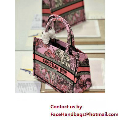 Dior Small Book Tote Bag in Multicolor Toile de Jouy Voyage Embroidery Pink