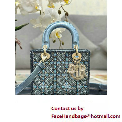 Dior Small Lady Dior Bag in Metallic Calfskin and Satin with Celestial Blue Resin Bead Embroidery 2023