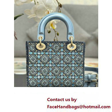 Dior Small Lady Dior Bag in Metallic Calfskin and Satin with Celestial Blue Resin Bead Embroidery 2023