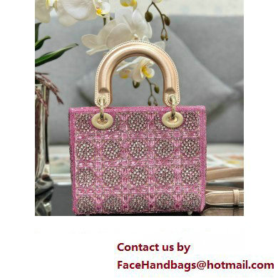 Dior Small Lady Dior Bag in Metallic Calfskin and Satin with Rose Des Vents Pink Resin Bead Embroidery 2023