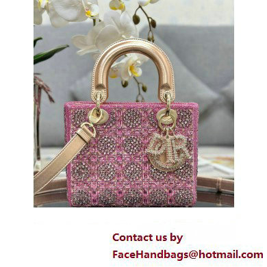 Dior Small Lady Dior Bag in Metallic Calfskin and Satin with Rose Des Vents Pink Resin Bead Embroidery 2023