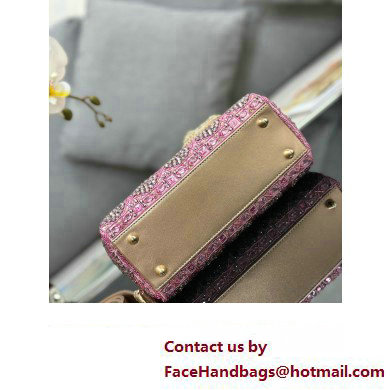 Dior Small Lady Dior Bag in Metallic Calfskin and Satin with Rose Des Vents Pink Resin Bead Embroidery 2023