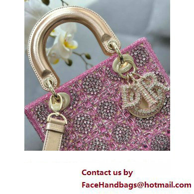 Dior Small Lady Dior Bag in Metallic Calfskin and Satin with Rose Des Vents Pink Resin Bead Embroidery 2023