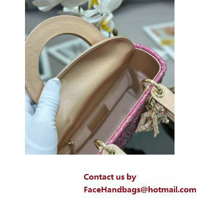 Dior Small Lady Dior Bag in Metallic Calfskin and Satin with Rose Des Vents Pink Resin Bead Embroidery 2023