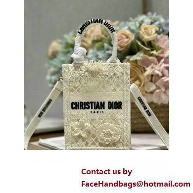 Dior mini Book Tote phone Bag in White D-Lace Embroidery with 3D Macrame Effect 2023