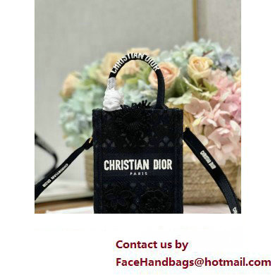 Dior mini Book Tote phone Bag in black D-Lace Embroidery with 3D Macrame Effect 2023