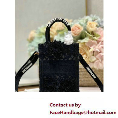 Dior mini Book Tote phone Bag in black D-Lace Embroidery with 3D Macrame Effect 2023