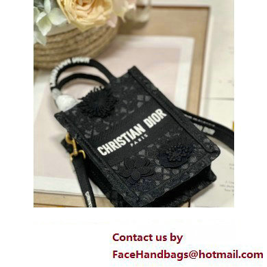 Dior mini Book Tote phone Bag in black D-Lace Embroidery with 3D Macrame Effect 2023