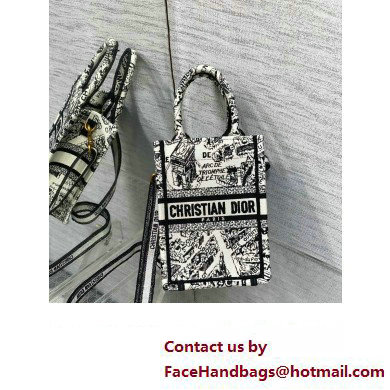 Dior mini Book Tote phone Bag in white and Black Plan de Paris Embroidery 2023