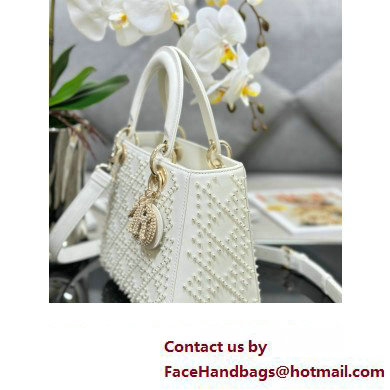 Dior small Lady Dior Bag with Pearls White 2023 M0505 - Click Image to Close