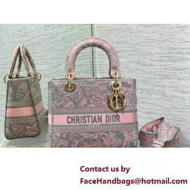 Lady Dior Medium D-Lite Bag in Gray and Pink Toile de Jouy Reverse Embroidery