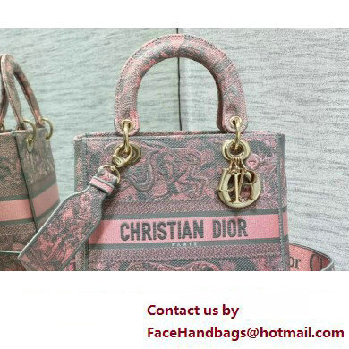 Lady Dior Medium D-Lite Bag in Gray and Pink Toile de Jouy Reverse Embroidery