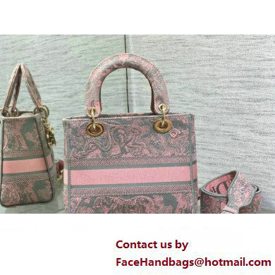 Lady Dior Medium D-Lite Bag in Gray and Pink Toile de Jouy Reverse Embroidery