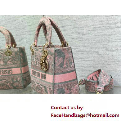 Lady Dior Medium D-Lite Bag in Gray and Pink Toile de Jouy Reverse Embroidery