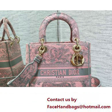 Lady Dior Medium D-Lite Bag in Pink and Gray Toile de Jouy Sauvage Embroidery - Click Image to Close