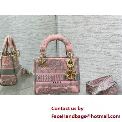 Lady Dior Mini D-Lite Bag in Pink and Gray Toile de Jouy Sauvage Embroidery