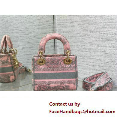 Lady Dior Mini D-Lite Bag in Pink and Gray Toile de Jouy Sauvage Embroidery