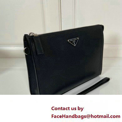 Prada Leather Pouch Clutch Bag 2NE009 Enameled metal triangle logo Black/Silver